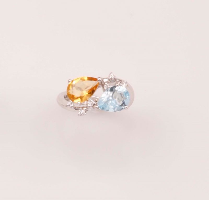 Anello con topazio azzurro, quarzo citrino e diamanti  - Auction Vintage, Jewels and Watches - Cambi Casa d'Aste