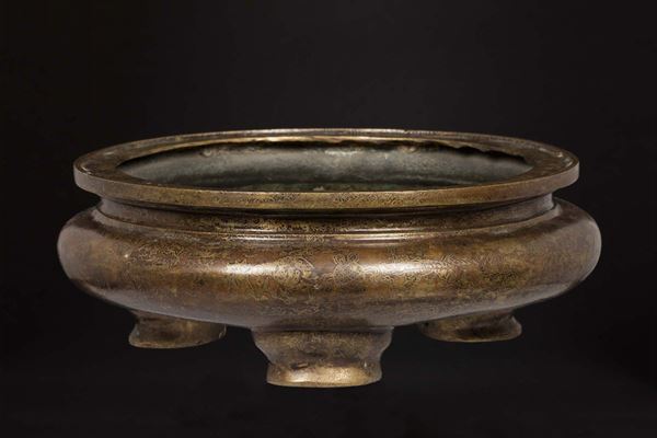 A gilt bronze censer with silver inlays and Pho dog depictions, China, 20th century