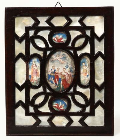 Cornice con Madreperla e Miniature Dipinte su Pergamena, XVIII-XIX Secolo