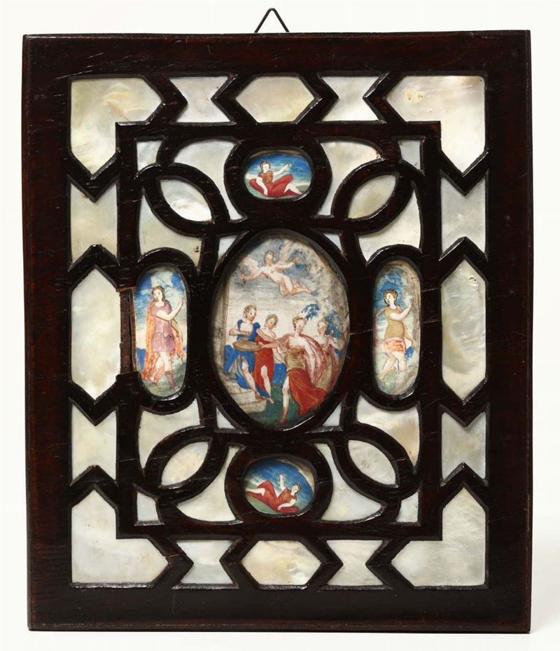 Cornice con madreperla e miniature dipinte su pergamena, XVIII-XIX secolo  - Auction Works of Art Timed Auction - IV - Cambi Casa d'Aste