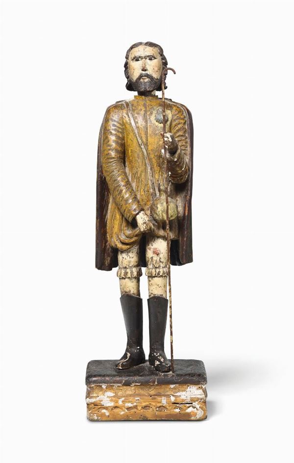 San Rocco in legno intagliato e dipinto. Scultire del XVII secolo