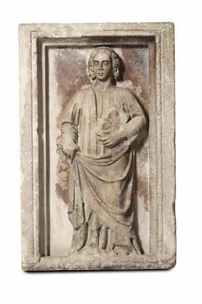 Bassorilievo in Pietra Raffigurante Apostolo con Libro (s Giovanni?). Scultore Operante Nell'ital...