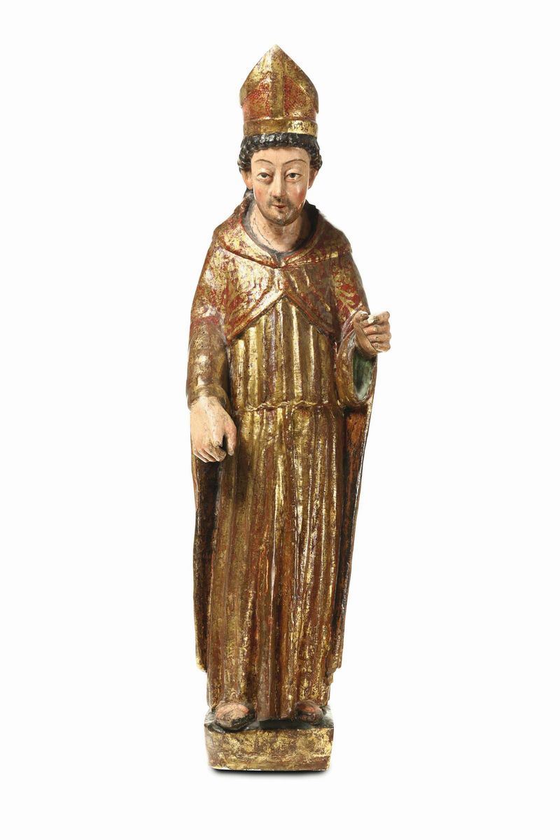Santo Vescovo (S.Firmino?) in legno dorato e policromo. Spagna XVI secolo  - Asta Scultura e Oggetti d'Arte - Cambi Casa d'Aste