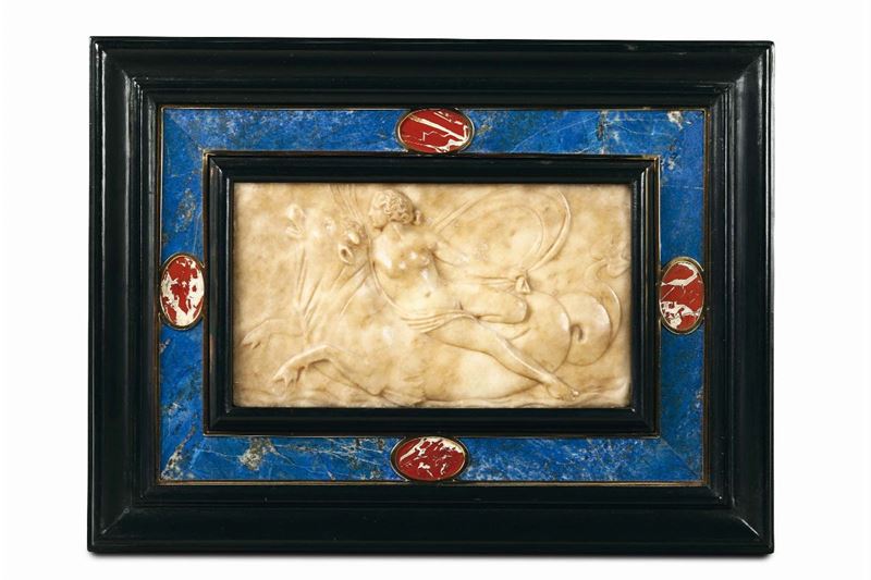 A Nereid on sea bull, an alabaster relief within a frame in ebonised wood and hardstone. From the circle of Danese Cattaneo (Carrara 1509 - Padova 1573), third quarter of the 16th century  - Auction Sculpture and Works of Art - Cambi Casa d'Aste
