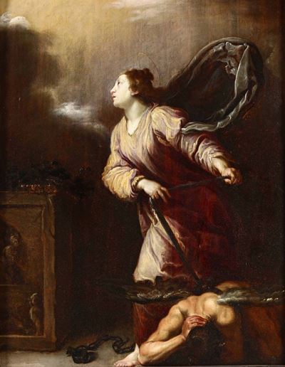 Domenico Fetti (roma 1589 - Venezia 1623), Bottega Disanta Giuliana di Nicomedia con il Demonio a...