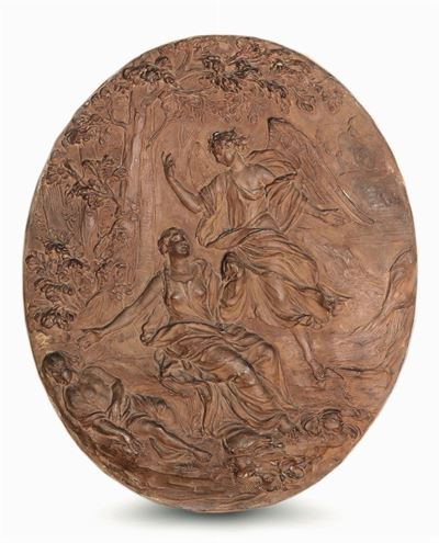 Ovale in Terracotta Raffigurante Agar e Ismaele Soccorsi Dall’angelo. Massimiliano Soldani Benzi ...