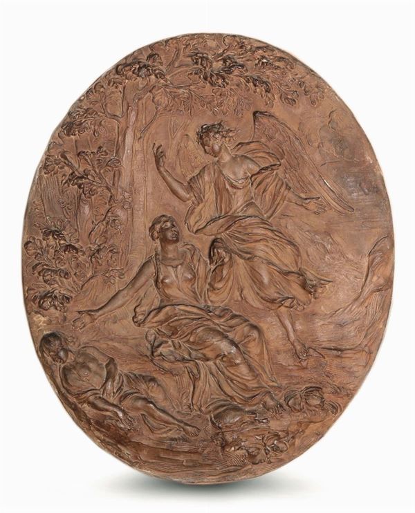 A terracotta oval depicting Agar and Ismael being rescued by the angel. Massimiliano Soldani Benzi (Montevarchi 1656 - Galatrona 1740), attributed to.