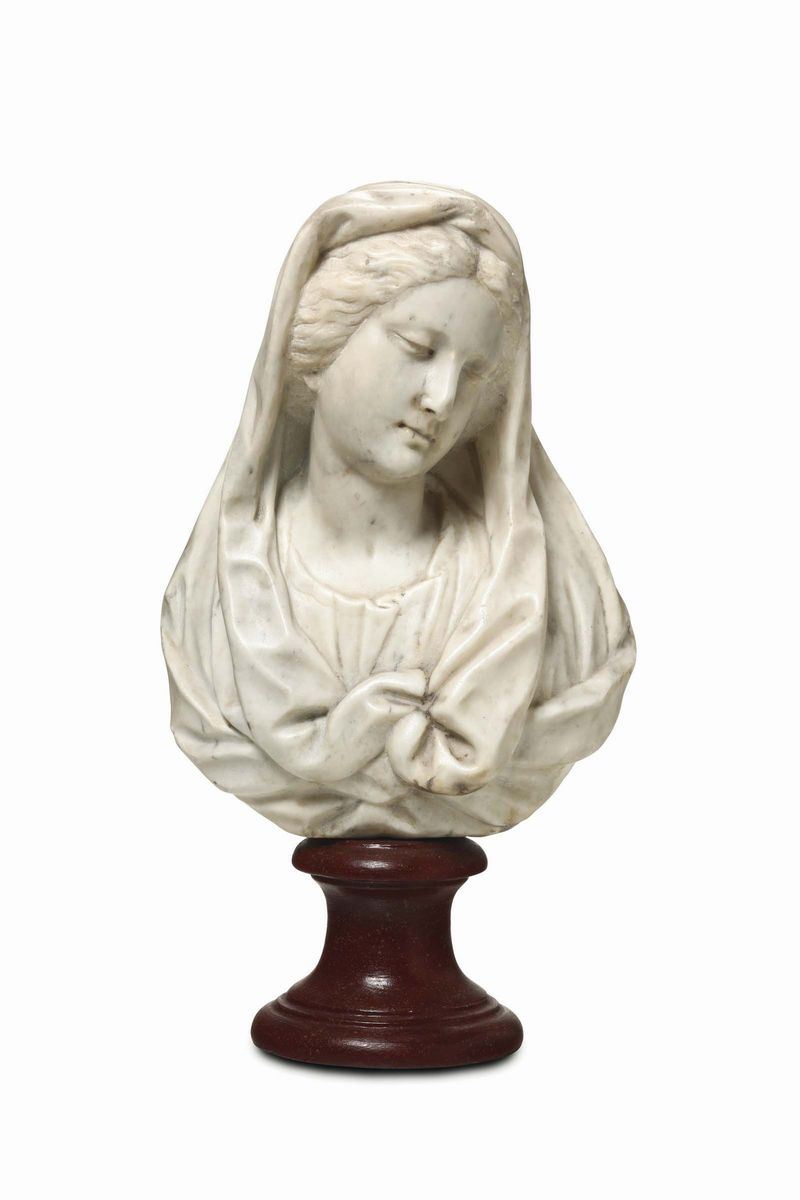 Vergine Annunciata in marmo. Arte barocca (Toscana?) del XVII secolo  - Asta Scultura e Oggetti d'Arte - Cambi Casa d'Aste