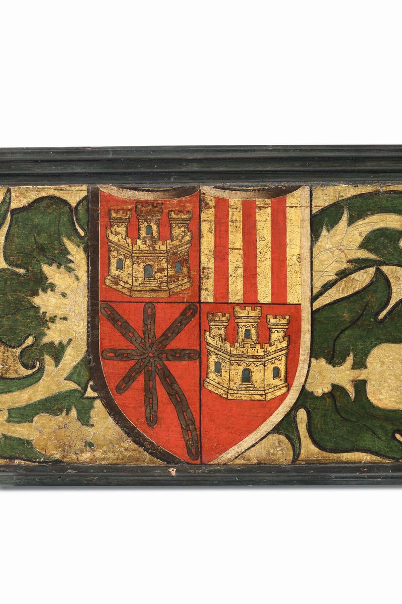 Pannello in Legno a Fondo Oro Bulinato e Dipinto. Spagna o Italia del Sud del XV-XVI Secolo