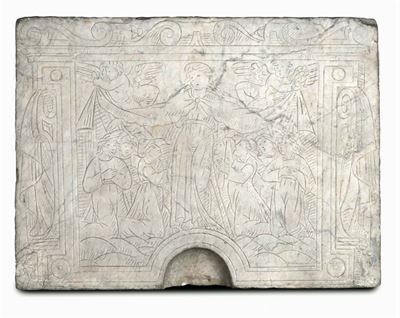 Lastra in Marmo Bianco Incisa con Immagine della Madonna della Misericordia. Arte Rinascimentale ...