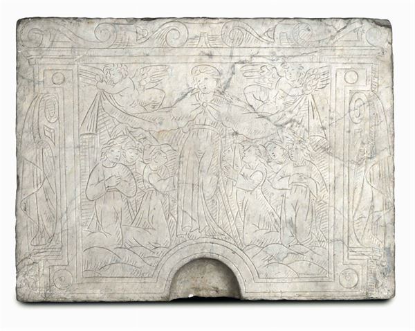 A white marble slab, engraved with an image of the Virgin of Mercy. Tuscan Renaissance art, 16th century