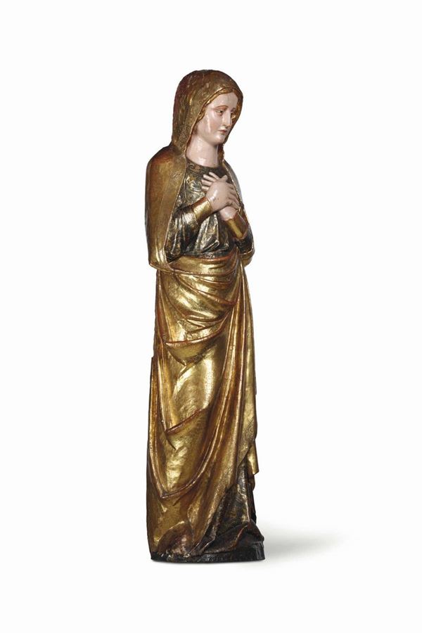 Coppia di figure del calvario raffiguranti la Vergine dolente e S.Giovanni Evangelista in legno policromo e dorato. Arte spagnola del XV secolo
