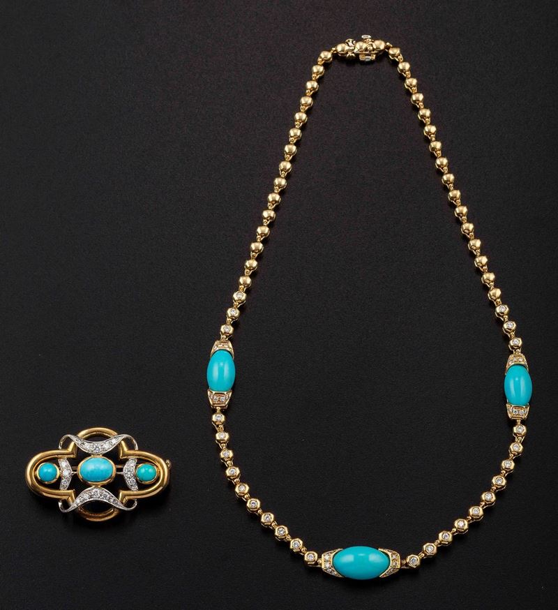 Turquoise and diamond necklace and brooch  - Auction Fine Coral Jewels - I - Cambi Casa d'Aste
