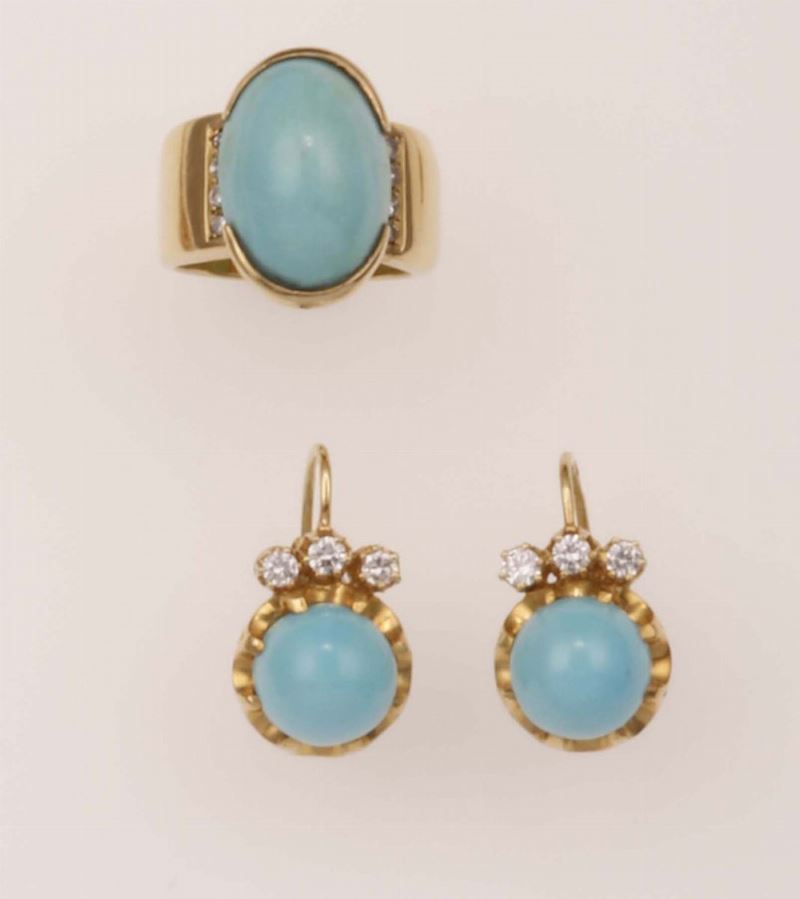 Anello ed orecchini con turchesi e diamanti  - Auction Jewels and Corals | Time Auction - Cambi Casa d'Aste