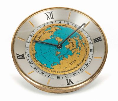 Imhof, Swiss. Orologio da Scrivania, in Ottone Dorato con Ore del Mondo. Realizzato nel 1950 Circ...