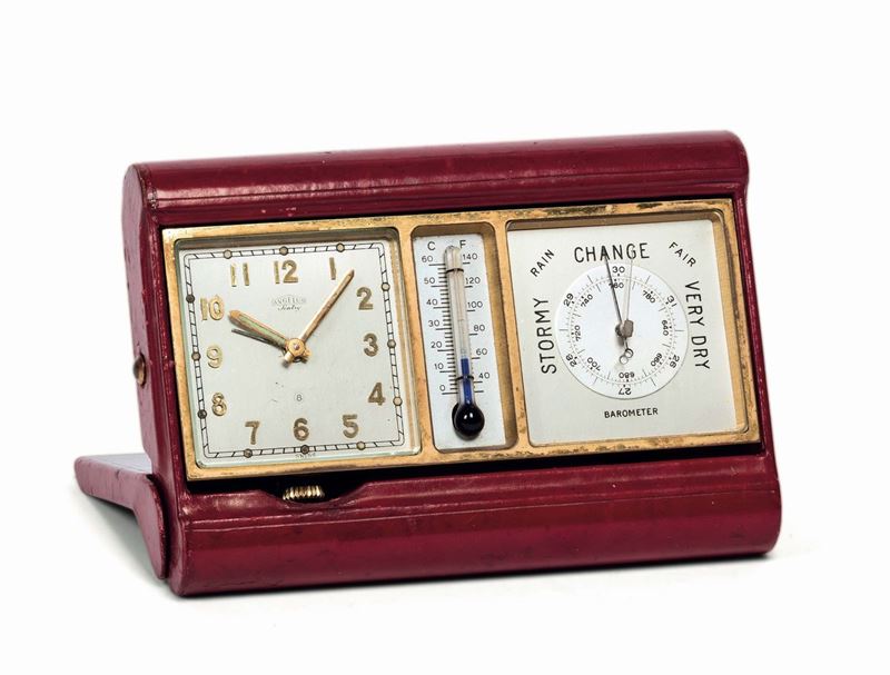 Angelus. Fine, gilt brass and leather desk clock with 8 days power reserve, alarm, , thermometer and barometer. Made circa 1960  - Auction Watches and Pocket Watches - Cambi Casa d'Aste