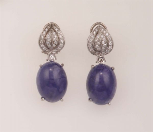 Pair of tanzanite and diamond pendent earrings