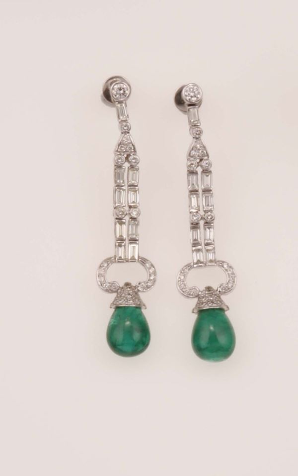 Pair of emerald and diamond pendent earrings