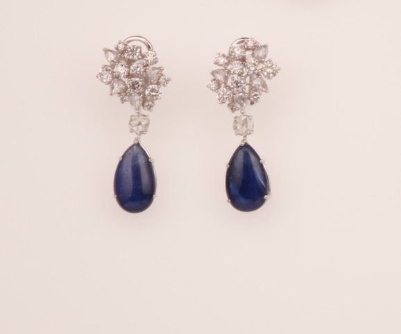 Pair of sapphire and diamond pendent earrings