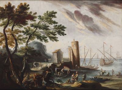 Bartolomeo Pedon (1665-1732), Attribuito Apaesaggio con Porto e Imbarcazioni