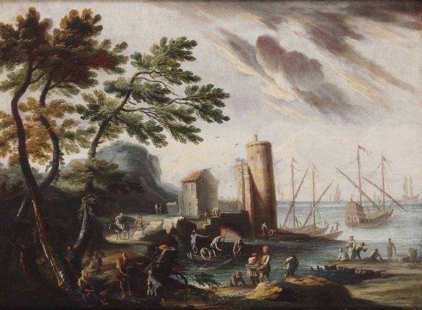 Bartolomeo Pedon (1665-1732), attribuito a Paesaggio con porto e imbarcazioni