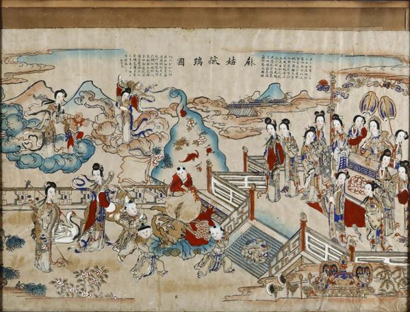 Dipinto su tela raffigurante figure di Guanyin e iscrizioni, Cina, inizio XX secolo