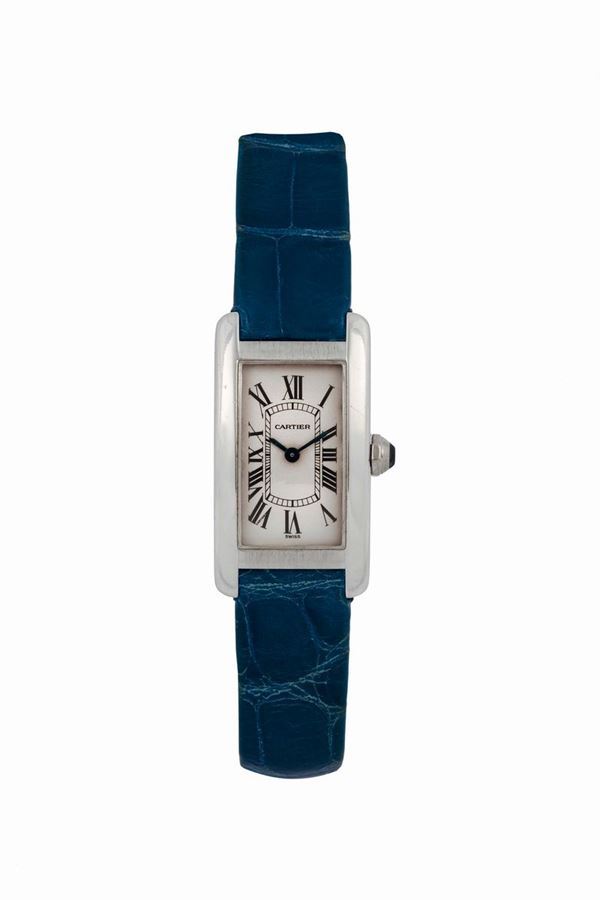 Cartier, Tank Américaine, case No. SM10695, Ref. 1713. Very fine, rectangular curved, 18K white gold lady's quartz wristwatch with a  steel Cartier deployant clasp. Made in the 1990's