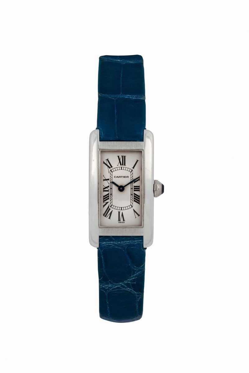 Cartier, Tank Américaine, case No. SM10695, Ref. 1713. Very fine, rectangular curved, 18K white gold lady's quartz wristwatch with a  steel Cartier deployant clasp. Made in the 1990's  - Auction Watches and Pocket Watches - Cambi Casa d'Aste
