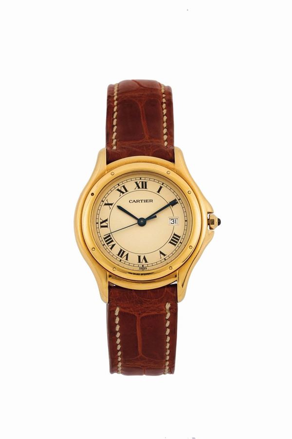 Cartier, Paris,  Santos Ronde , Ref. 3398. Fine, center seconds, quartz, water resistant, 18K yellow gold wristwatch with date and a Cartier plated buckle. Made in the 1990's