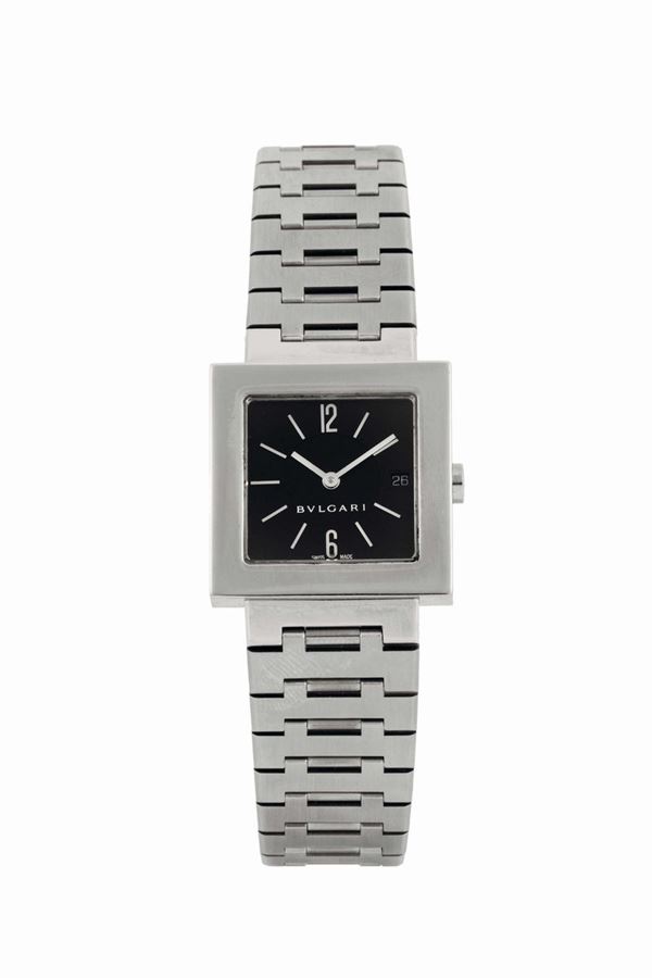 Bulgari. Fine, square, water resistant, stainless steel quartz lady's wristwatch with date and an original bracelet with deployant clasp. Made circa 2000