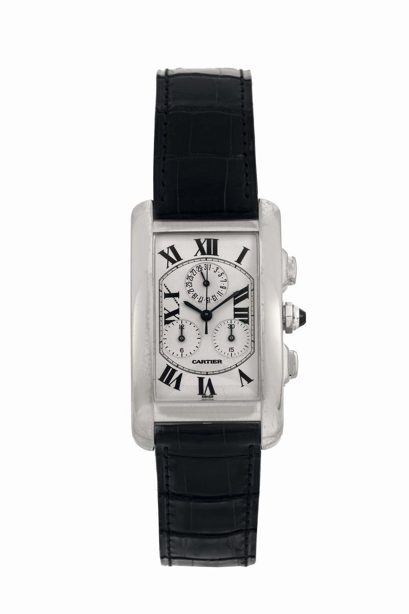 Cartier, Tank Americaine, Chronoflex, case No. CC 515975, Ref. 2312. Fine, rectangular curved, water-resistant, 18K white gold quartz wristwatch with square button chronograph, registers, date and a stainless steel Cartier deployant clasp.  Accompanied by the original Guarantee. Made in the 2000's  - Auction Watches and Pocket Watches - Cambi Casa d'Aste