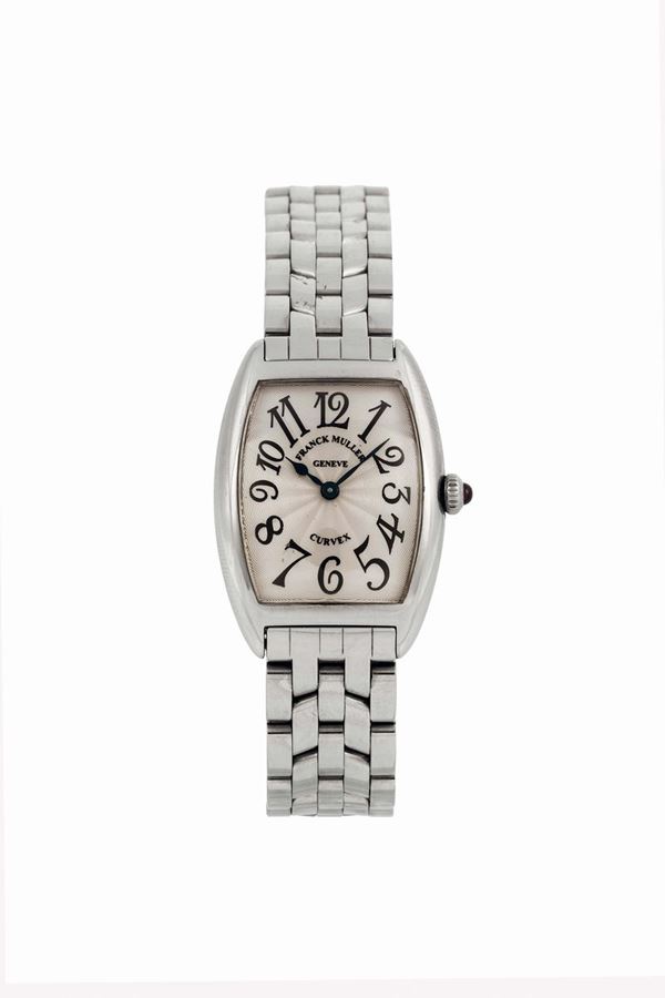 Franck Muller, Genève, Cintrée Curvex, Ref. 1752 QZ. Fine, tonneau-shaped and curved, water-resistant, stainless steel mid-sized quartz wristwatch with an original bracelet with deployant clasp. Made in the 1990's