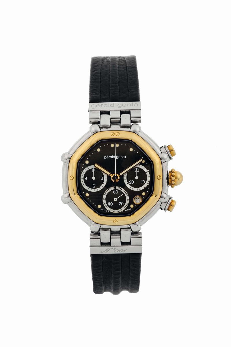 Gérald Genta, Genève, Success Chronograph Automatic, Ref. G 3388.7. Fine, octagonal, self-winding, water-resistant, stainless steel and yellow gold wristwatch with round button chronograph, registers and date and a stainless steel deployant clasp. Accompanied by the original box. Made in the 1990's.  - Auction Watches and Pocket Watches - Cambi Casa d'Aste