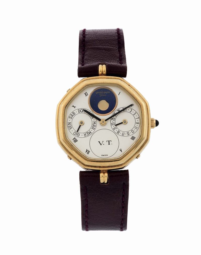 Gérald Genta, Genève,  Automatic , Day-Date Moon, for CUSI, Ref. G 2747.4. Fine, octagonal, astronomic, self-winding, 18k yellow gold wristwatch with day and date, moon phases and an 18K yellow gold Gérald Genta buckle. Accompanied by the original setting pin. Made in the 1990's  - Auction Watches and Pocket Watches - Cambi Casa d'Aste