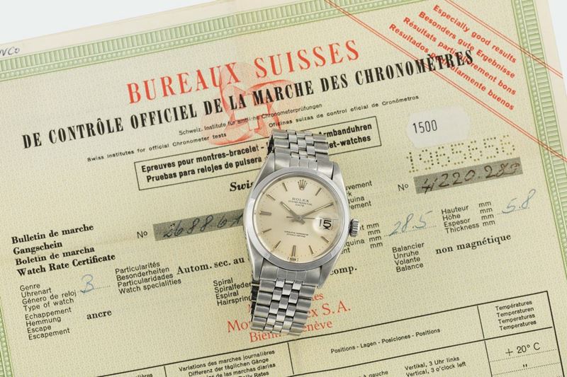 Rolex,  Oyster Perpetual, Date, Superlative Chronometer, Officially Certified , Ref. 1500. Fine, early, tonneau-shaped, center seconds, self-winding, water resistant, stainless steel wristwatch with date and a stainless steel Rolex Jubilee bracelet with deployant clasp. Accompanied by the original box, Guarantee, additional links and COSC. Made in the 1960's  - Auction Watches and Pocket Watches - Cambi Casa d'Aste