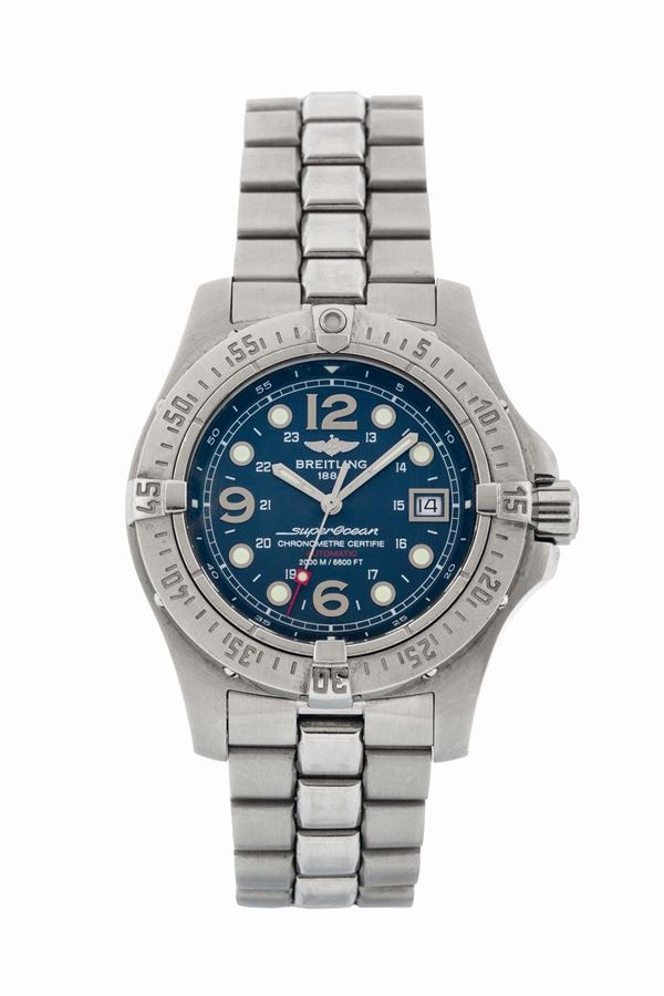 Breitling, SuperOcean, Chronometer, Automatic, 6600 ft./2000m,  Ref. A17390.  Fine, large, center seconds, self-winding, water resistant, stainless steel diver's wristwatch with gas escape valve, date and a stainless steel Breitling link bracelet with deployant clasp. Made in 1998 circa