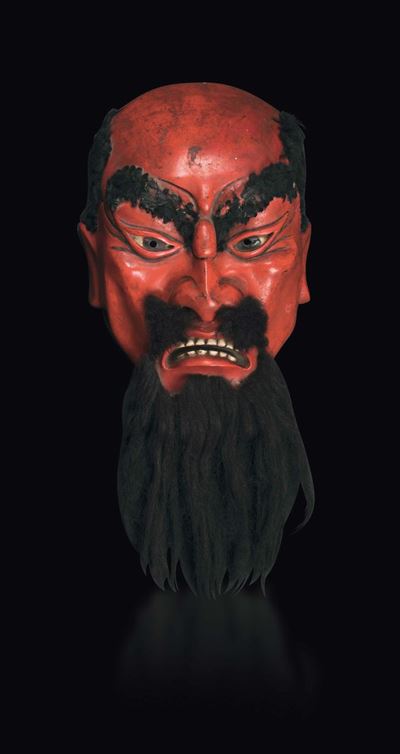 Maschera in Legno Laccato Raffigurante Demone, Giappone, XIX Secolo