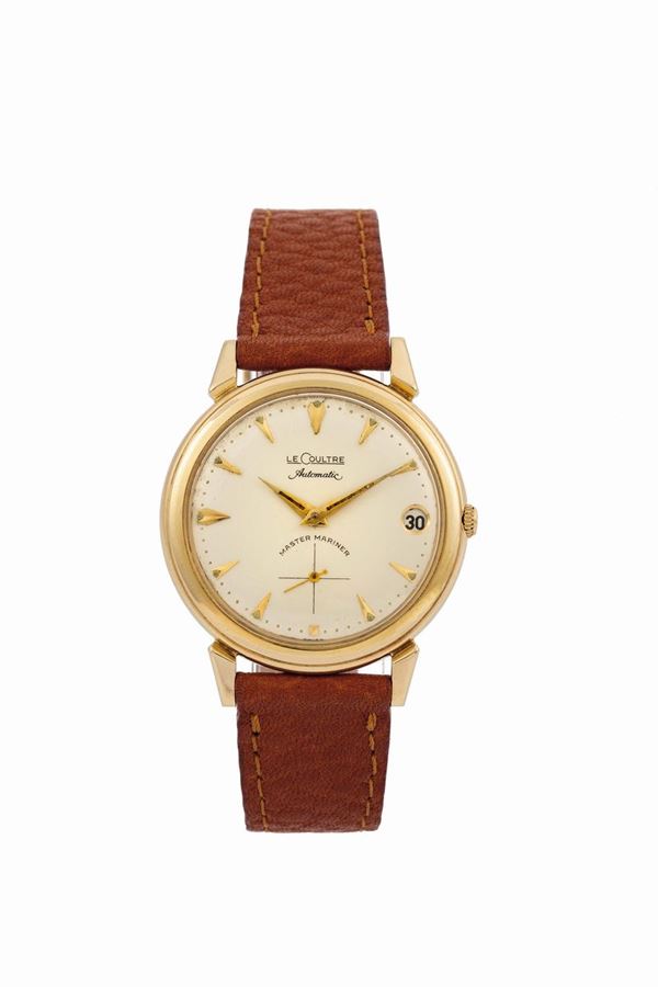 LeCoultre, Master Mariner. Fine, self winding, 14K yellow gold wristwatch with date and gold plated buckle. Accompanied by the original box and Guarantee. Made in the 1950's