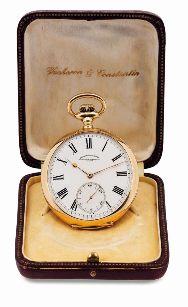Vacheron & Constantin, Geneve, Chronometre Royal, case no. 224121. Very fine and rare, keyless, 18K yellow gold keyless, openface pocket watch. Made circa 1912. Accompanied by the original box