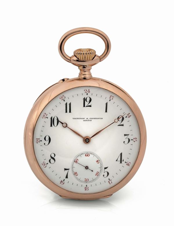 Vacheron & Constantin, Genève, movement No. 327765, case No. 198014. Fine, 18K pink gold  keyless, open face pocket watch with 24-hour dial. Made circa 1903