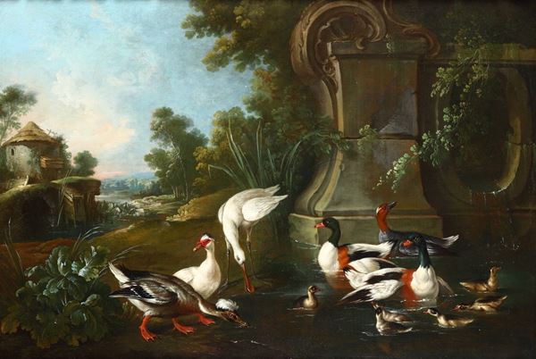 Jaques Charles Oudry (1720 - 1778) Paesaggio con uccelli lacustri
