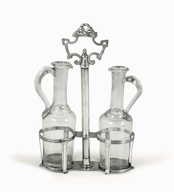 An oil cruet in molten, embossed and chiselled silver. Genoa, Torretta stamp for the year 1794, stamp for silversmith Giovanni Verzura (late 18th century) and French occupation stamps (in use from 1803 to 1809)