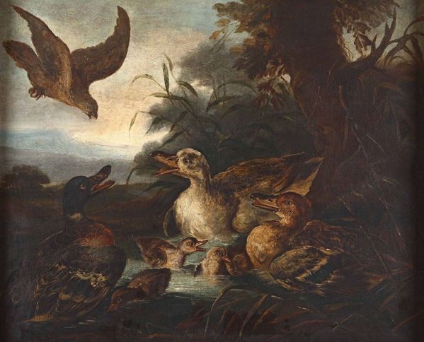 Giovanni Crivelli detto il Crivellino (Milano ? - Parma 1760) Coppia di paesaggi con animali da cortile