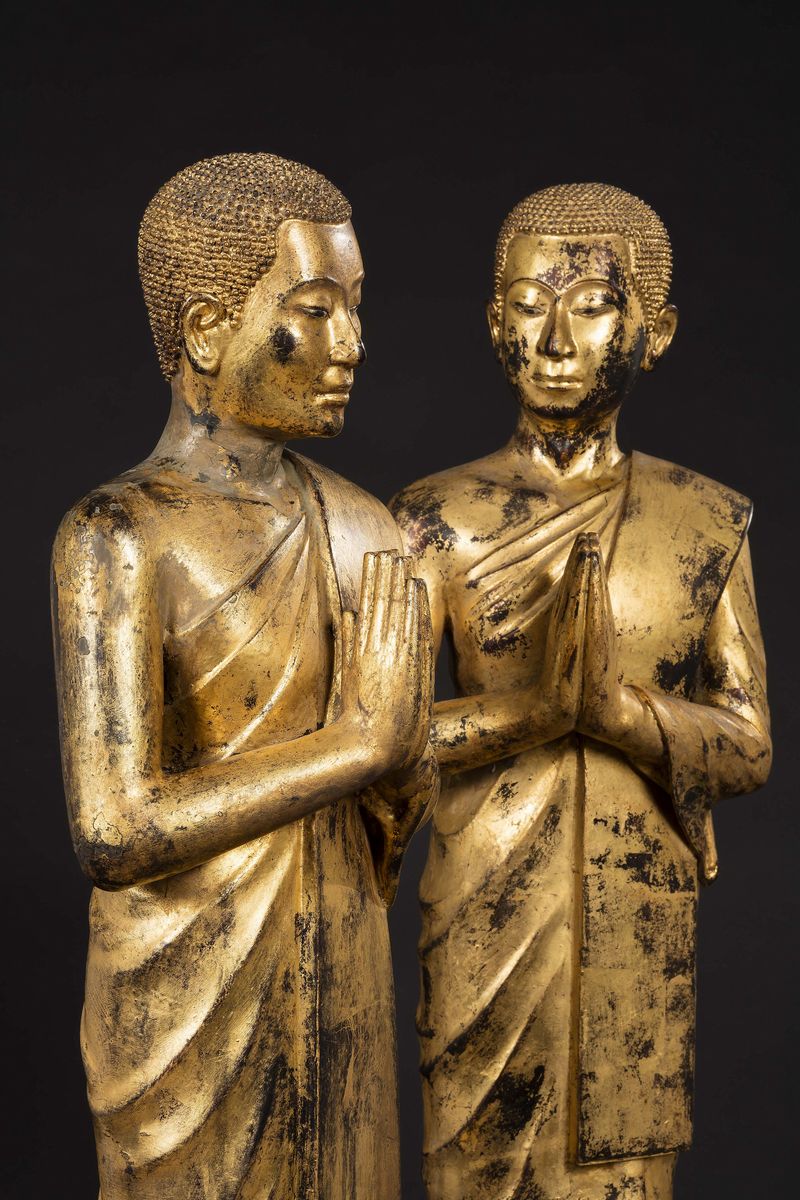 Coppia di Sculture in Bronzo Dorato Raffiguranti Monaci, Thailandia, 1880 Ca.