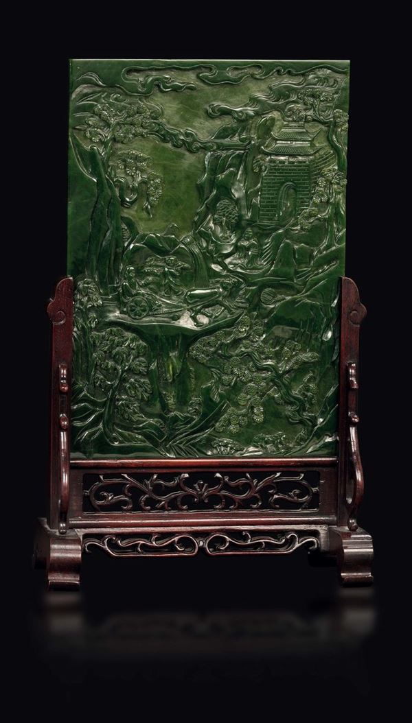 A table screen with a jade spinach plaque depicting a landscape, China, Qing Dynasty, 19th century