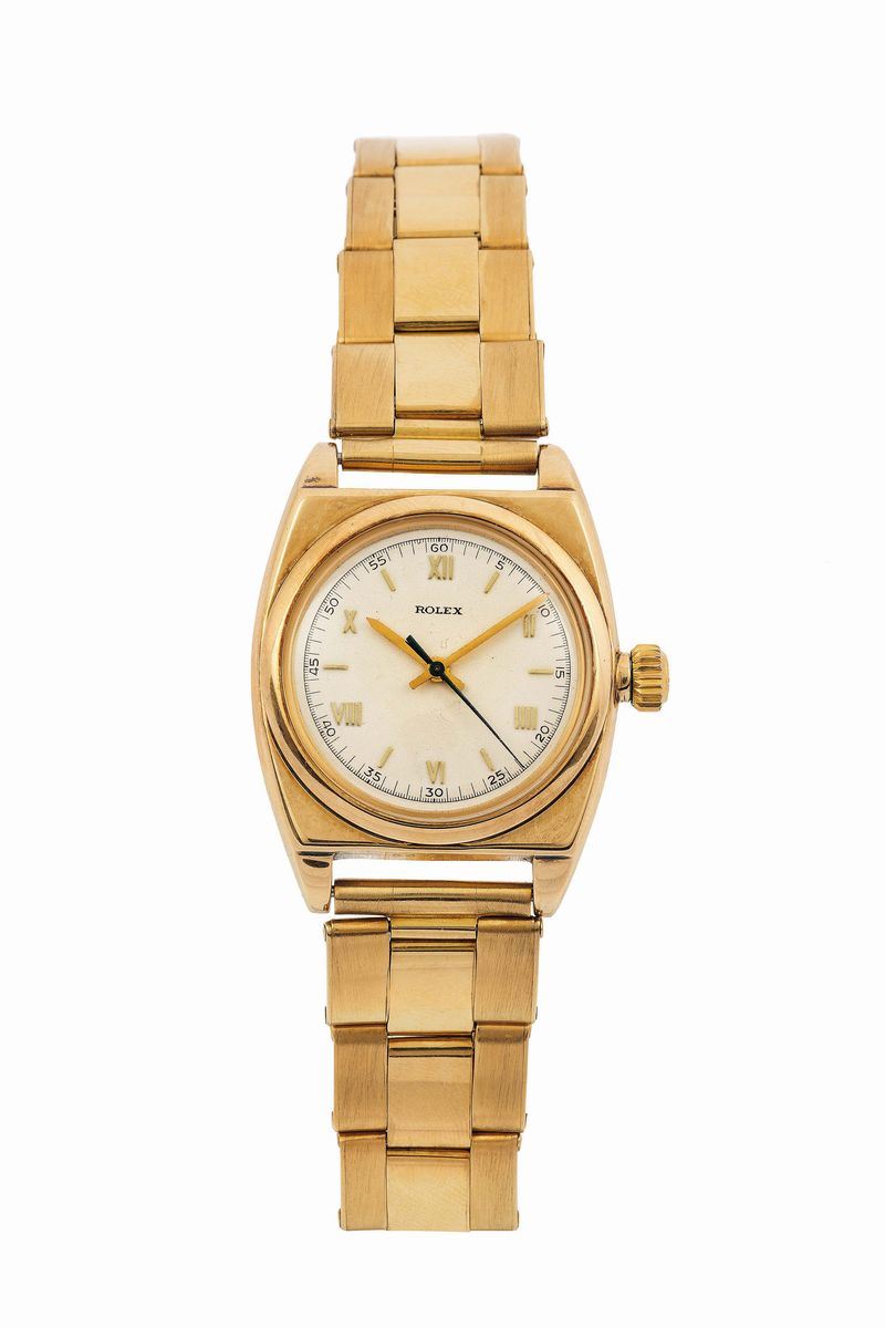 ROLEX, case No. 547606. Fine, 18K yellow gold wristwatch with gold riveted elastic bracelet with rolex deployant clasp. Made circa 1947  - Auction Watches and Pocket Watches - Cambi Casa d'Aste