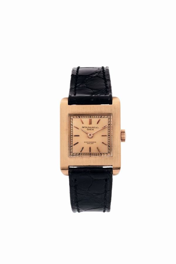 PATEK PHILIPPE & Co, Geneve,  for Eberhard Milan. Fine, 18K pink gold, square wristwatch. Made circa 1940