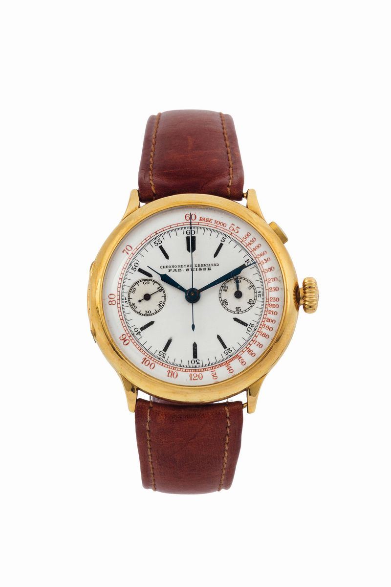 Eberhard, Chronometre, Fab. Suisse, case No. 221266. Fine and rare, 18K monopusher chronograph with tachometer. Made circa 1920  - Auction Watches and Pocket Watches - Cambi Casa d'Aste