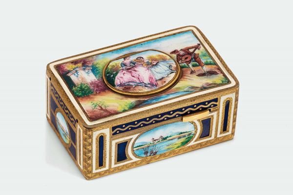 A fine and very rare magnificent vintage enamelled and gilt singing box with key. Made circa 1900