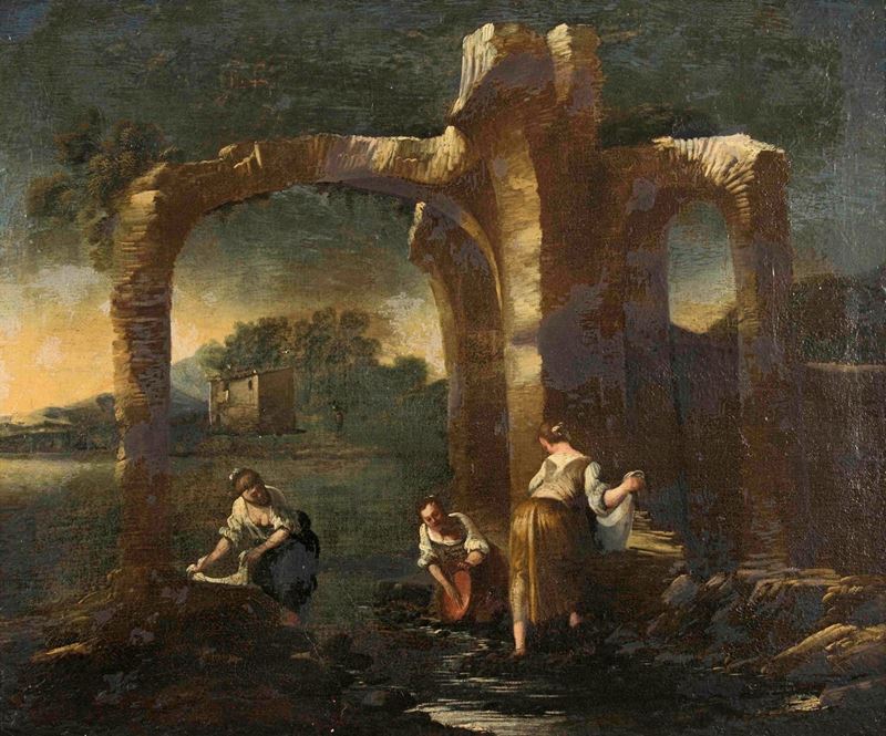 Scuola italiana del XVII secolo Paesaggio con figure e architetture  - Asta Dipinti Antichi - Cambi Casa d'Aste